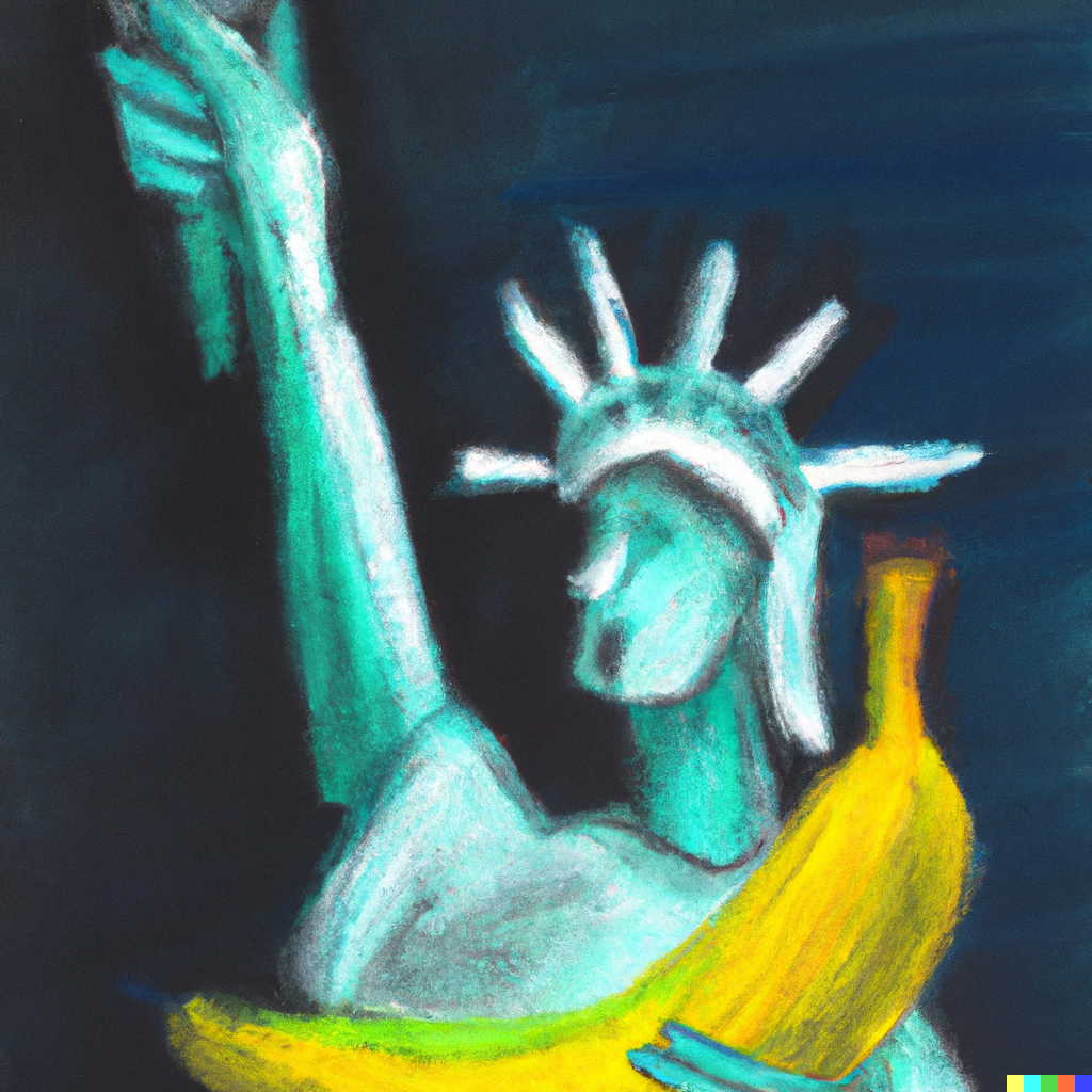an oil pastel of the Statue of Liberty holding a banana. Created using Dalle-E 2