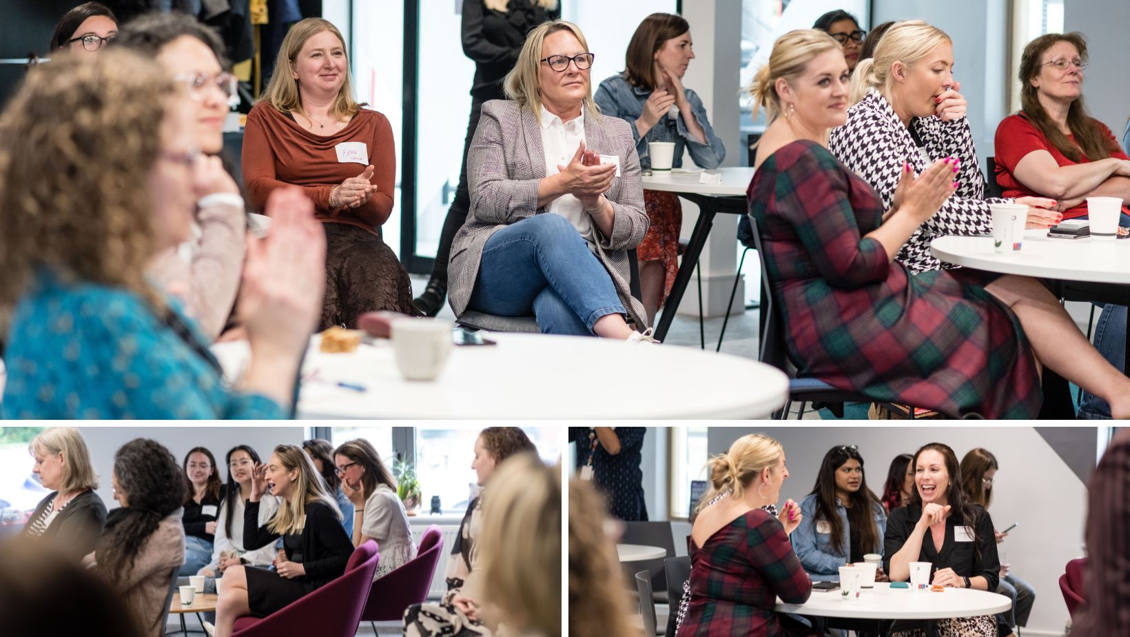 A selection of event images showing women chatting and smiling