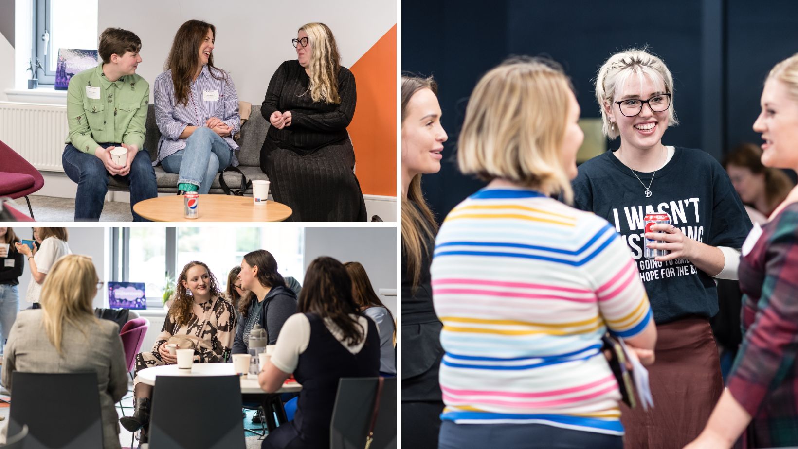 A selection of event images showing women chatting and smiling