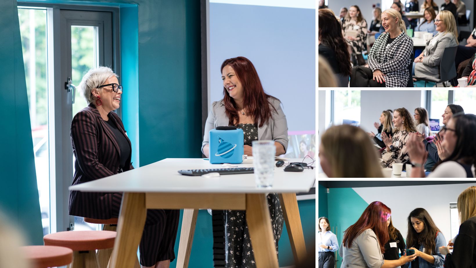 A selection of event images showing women chatting and smiling