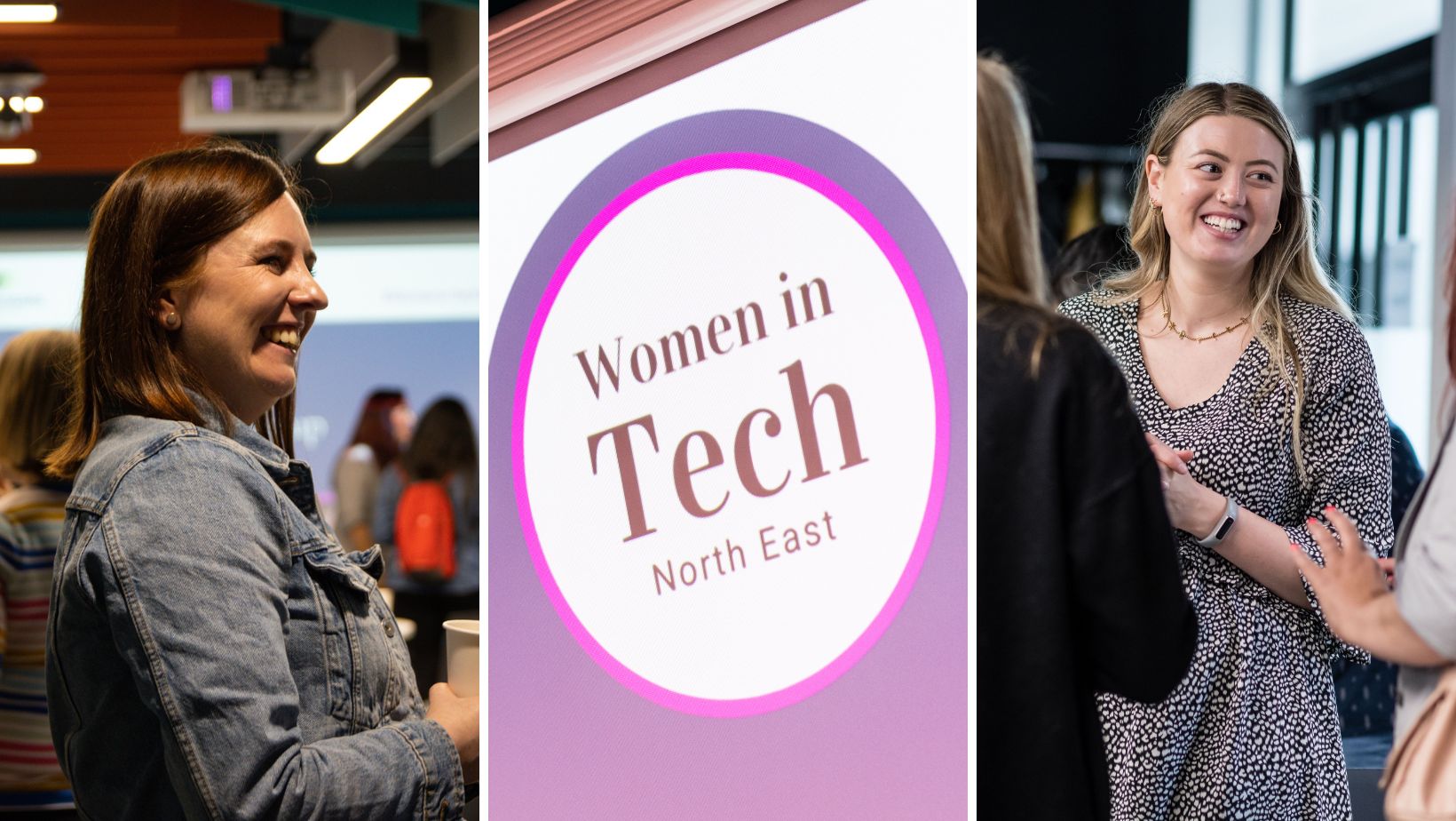 A lady with dark hair smiling, a pink women in tech logo, a blonde lady smiling 